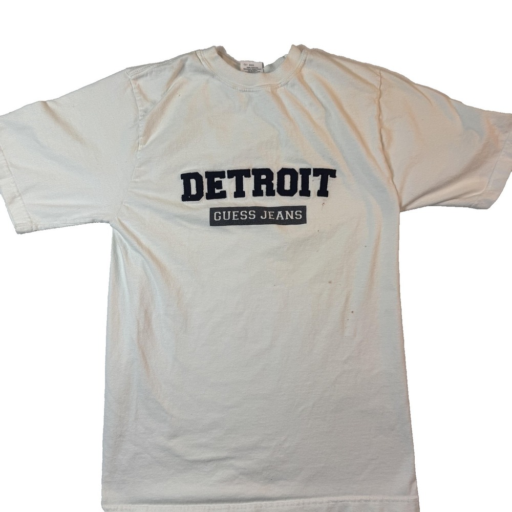 Vintage 90s Guess Jeans Detroit T Shirt Mens S Flocked Spellout USA